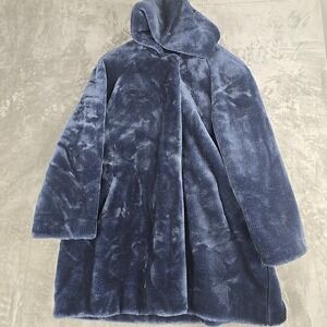 Dennis Basso Faux Fur Hooded Coat 2X Blue Elegant Party